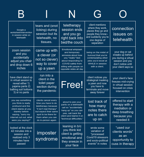 Occupational Hazards of Being a Therapist in 2020 Bingo Card