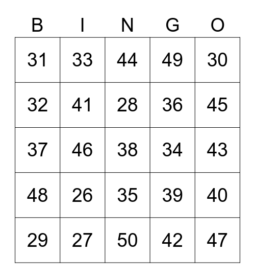 1-25 Bingo Card