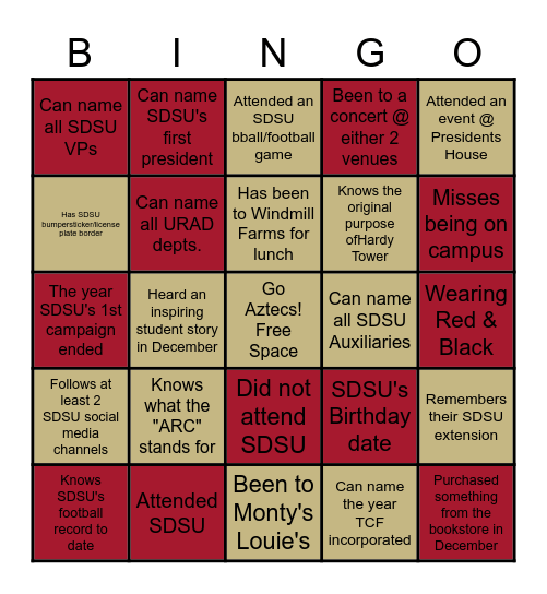 URAD Holiday Bingo- SDSU Edition Bingo Card