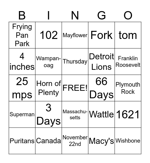 Thanksgiving Trivia Bingo Card