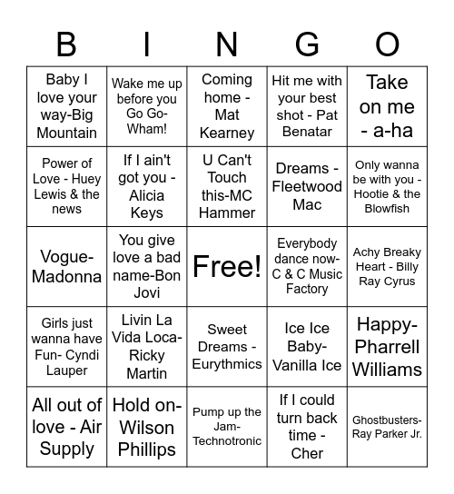 The Hits - 80's, 90's, 2000's Bingo Card