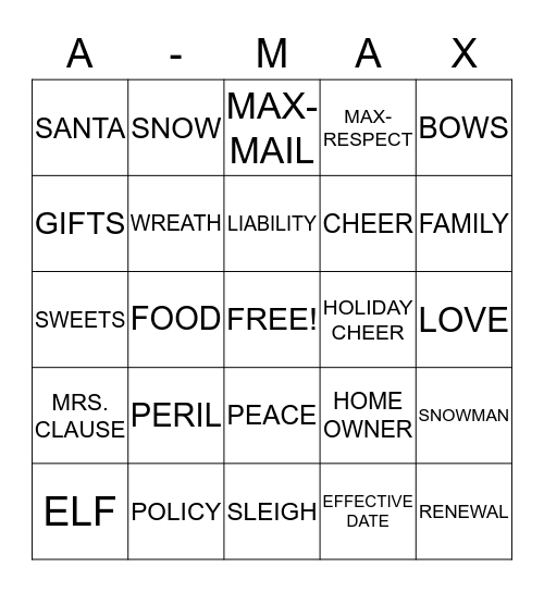 A-MAX Holiday BINGO Card