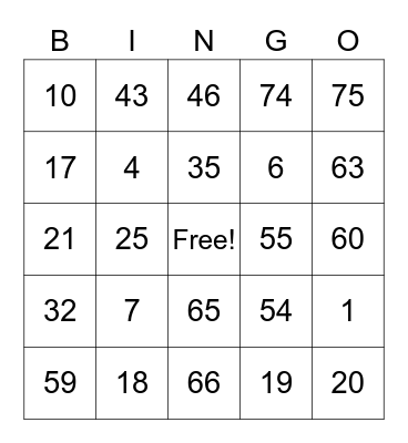 Number Bingo 1-75 Bingo Card