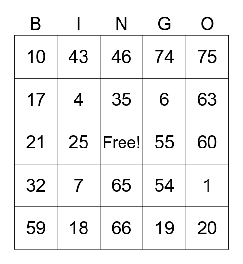Number Bingo 1-75 Bingo Card