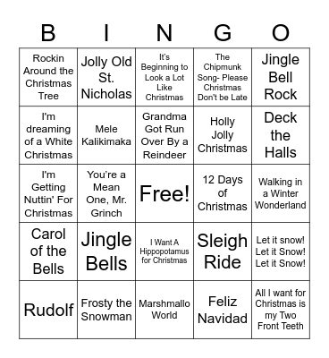 Christmas Songs Bingo Card