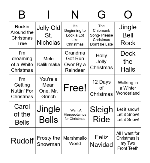Christmas Songs Bingo Card