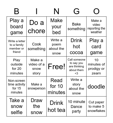5th Grade Snow Day Afternoon! Bingo Card