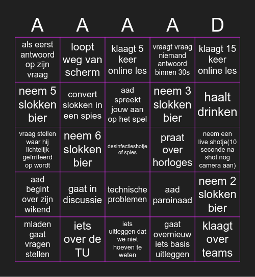 aadkwadraat Shotjes bingo Card