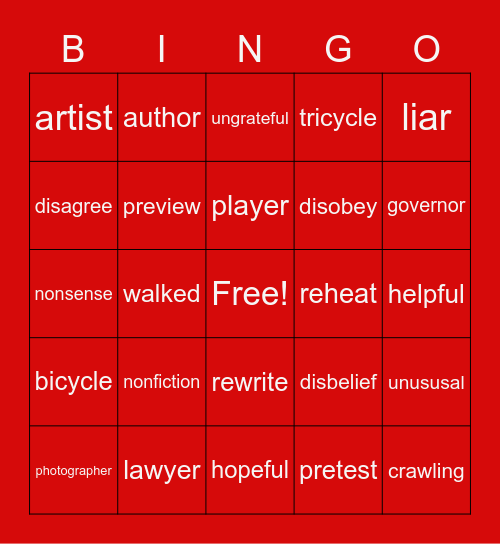 Prefix/Suffix Bingo Card