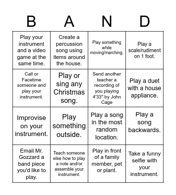 Band Bingo (only 4 in a row) Bingo Card