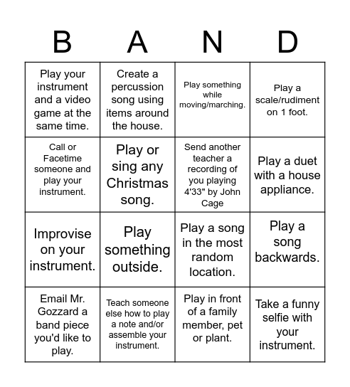 Band Bingo (only 4 in a row) Bingo Card