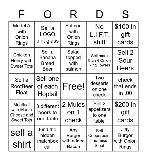 FORD'S GARAGE FUN Bingo Card