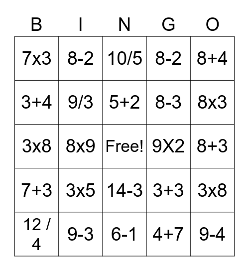 Math Facts Bingo Card