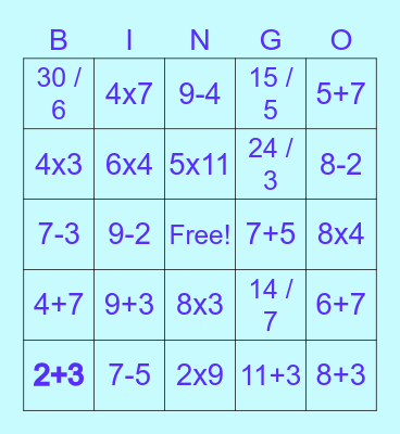 Math Facts Bingo Card