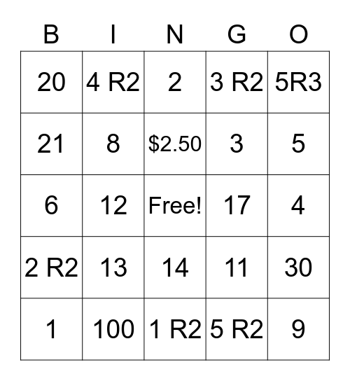 JUC4 Division Bingo Card