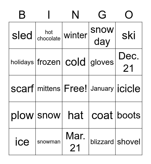 Winter Words Bingo Card