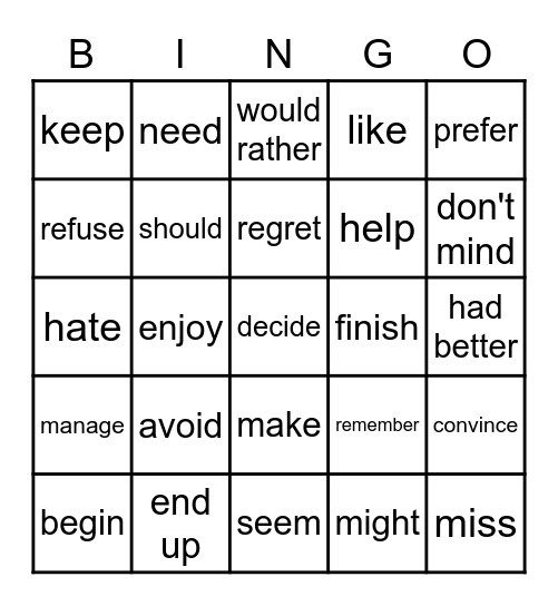 Verb patterns Bingo Card