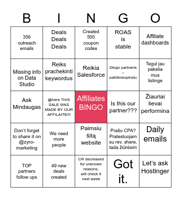 Affiliates BINGO vocabulary Bingo Card