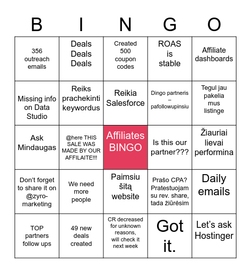 Affiliates BINGO vocabulary Bingo Card