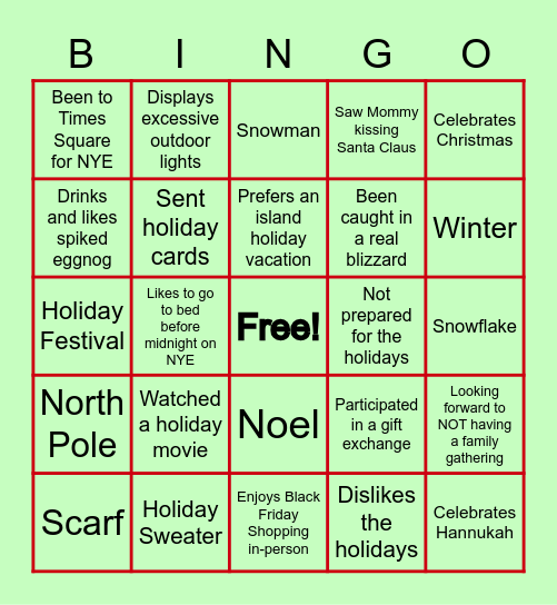 Hope's Holiday Bingo Card