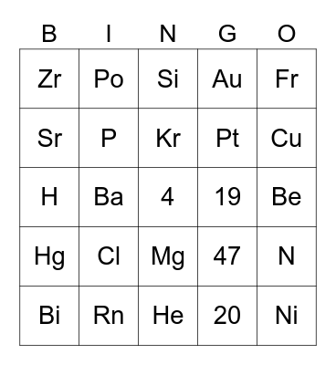 Periodic Table Bingo Card