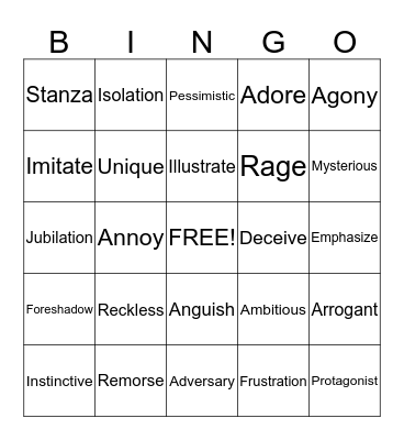 Vocabulary Bingo Two Bingo Card