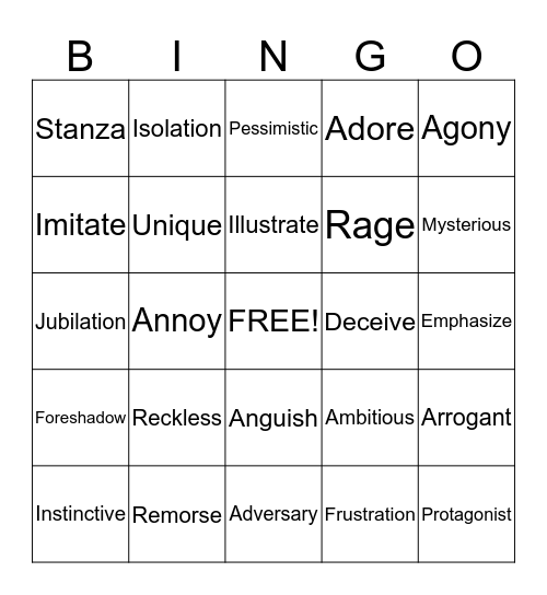 Vocabulary Bingo Two Bingo Card