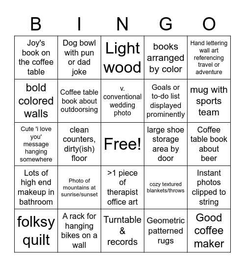 Joy and Travis' house Bingo Card