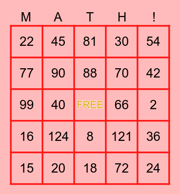 Christmas MULTIPLICATION Bingo Card