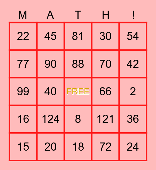 Christmas MULTIPLICATION Bingo Card