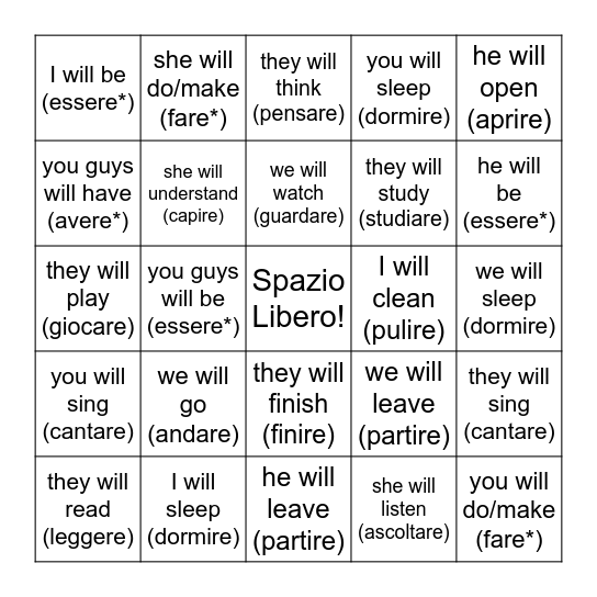 i verbi al futuro 2 Bingo Card