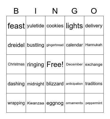 Holiday words Bingo Card