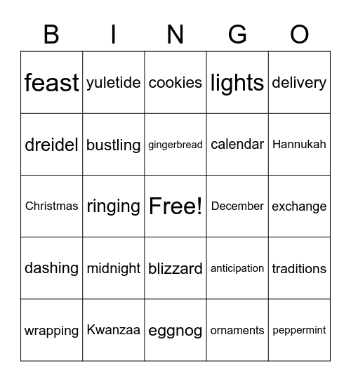 Holiday words Bingo Card