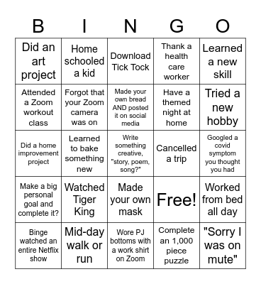 OA Quarantine Bingo Card