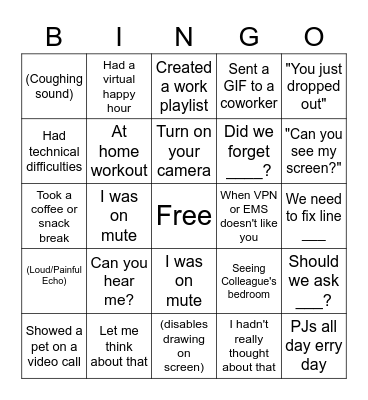 Work From Home - Game 6 Bingo Card