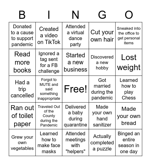 Things We Did in 2020 Bingo Card