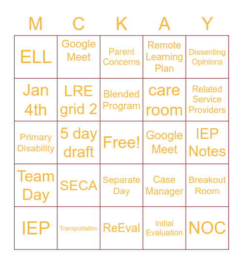 McKay Diverse Learners: Ms. Hall-Williams Bingo Card