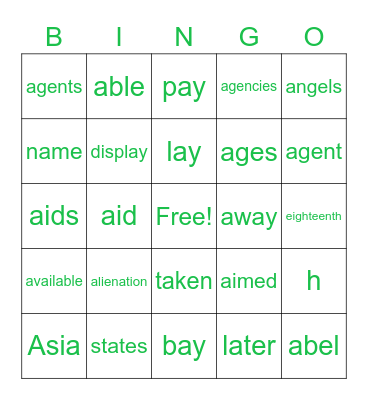 Long A Sound Bingo Card
