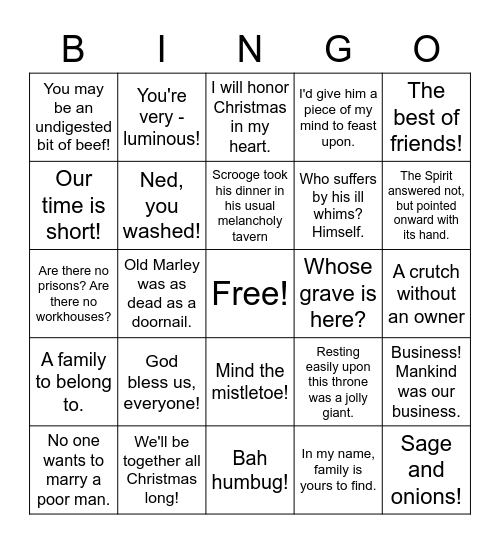 A Christmas Carol Bingo Card