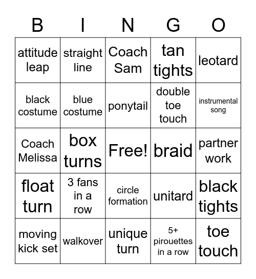 Dance Team YouTube Bingo Card