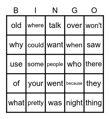 Sight Word Bingo Card
