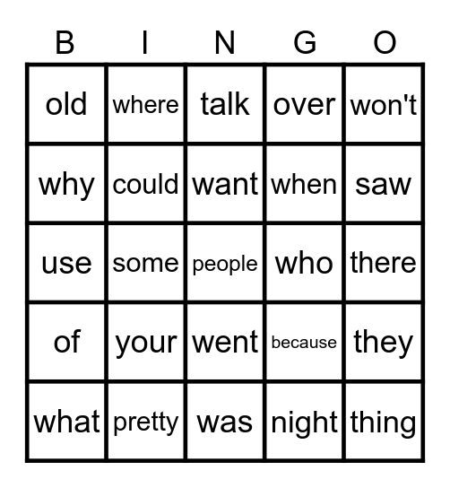 Sight Word Bingo Card