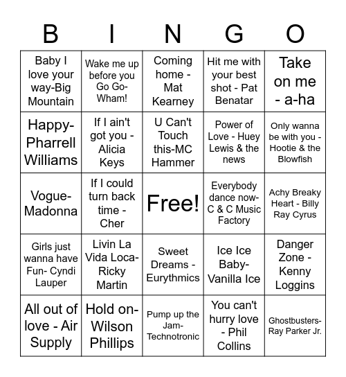 The Hits - 80's, 90's, 2000's Bingo Card