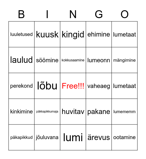 talve bingo Card