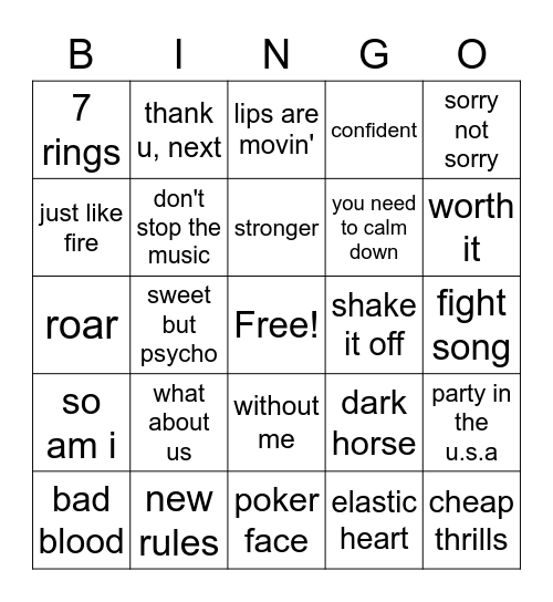 Round 1 Female Artists Bingo Card