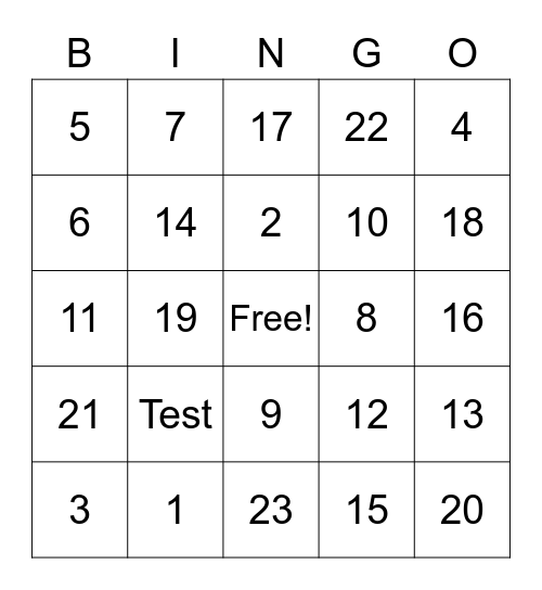 Numbers Bingo Card