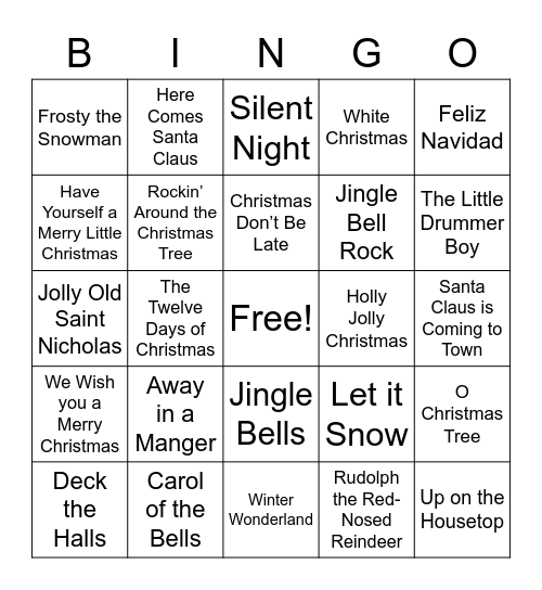 Holiday Song Bingo Card
