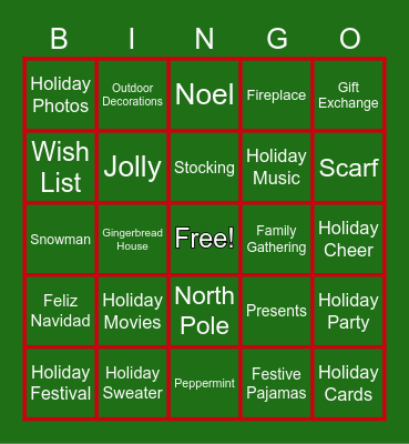 Holiday/Christmas Bingo Card