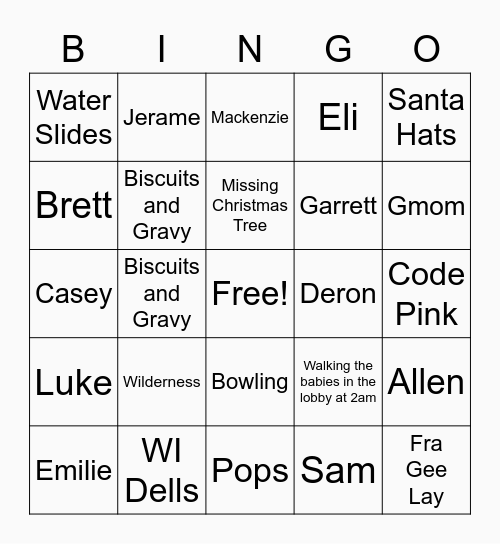 Jones Family Christmas Bingo Card