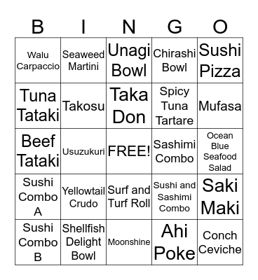 APPETIZER BINGO Card